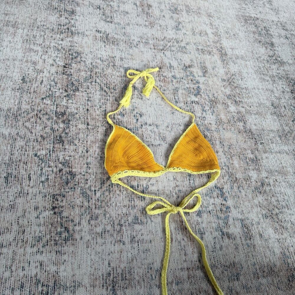 SOLID & STRIPED Bikini Triangle Top Swimsuit in Crochet Sz Medium Orange Yellow